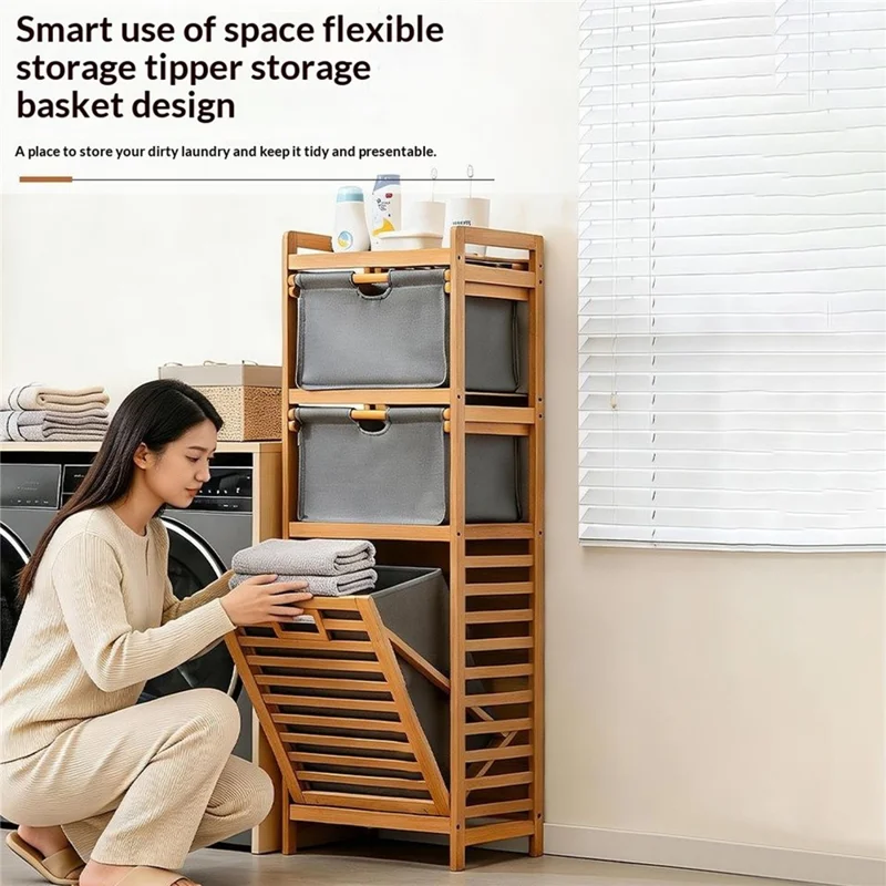 Scaffalatura per Bagno Multifunzionale 40x30x119 cm con Cestino per il Bucato Rimovibile e Doppio Cassetto in Bambù