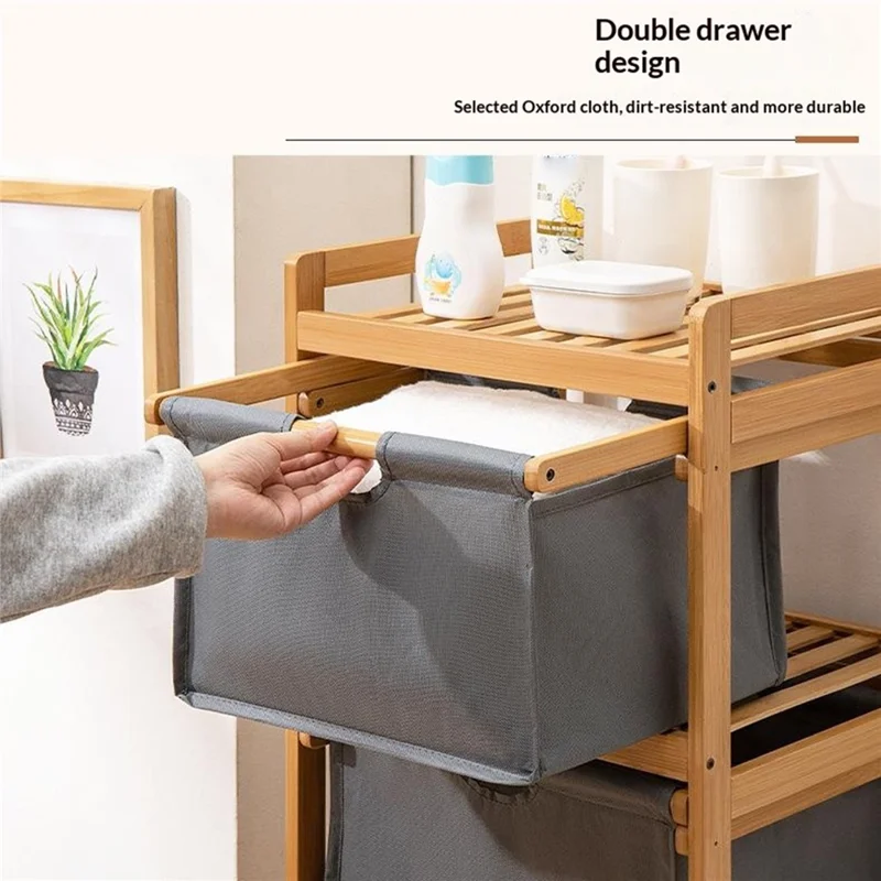 Scaffalatura per Bagno Multifunzionale 40x30x119 cm con Cestino per il Bucato Rimovibile e Doppio Cassetto in Bambù