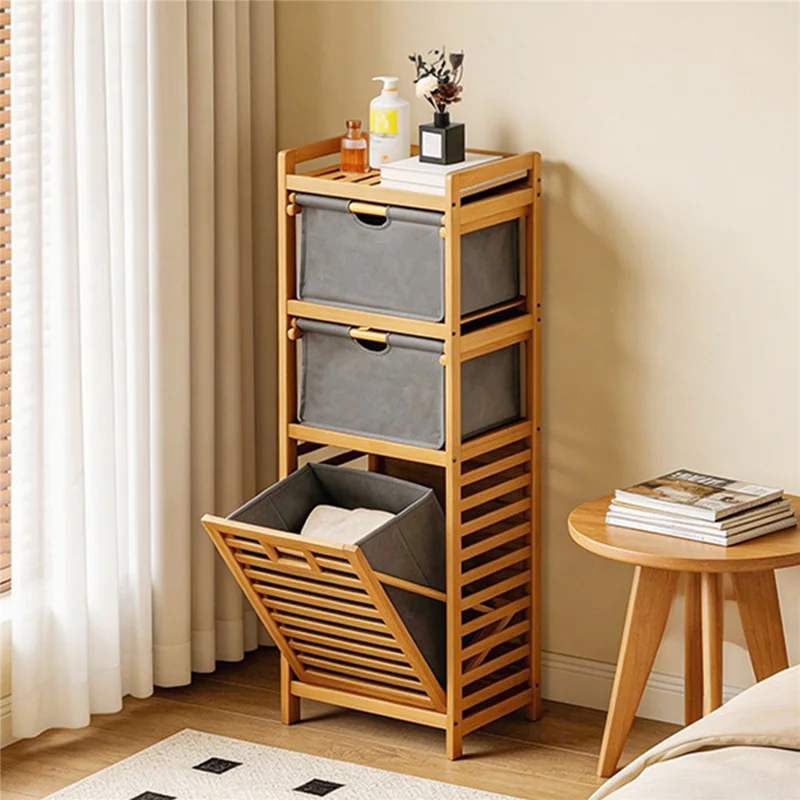 Scaffalatura per Bagno Multifunzionale 40x30x119 cm con Cestino per il Bucato Rimovibile e Doppio Cassetto in Bambù