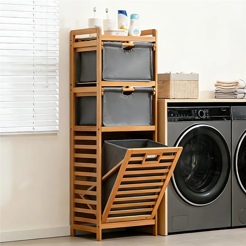 Scaffalatura per Bagno Multifunzionale 40x30x119 cm con Cestino per il Bucato Rimovibile e Doppio Cassetto in Bambù