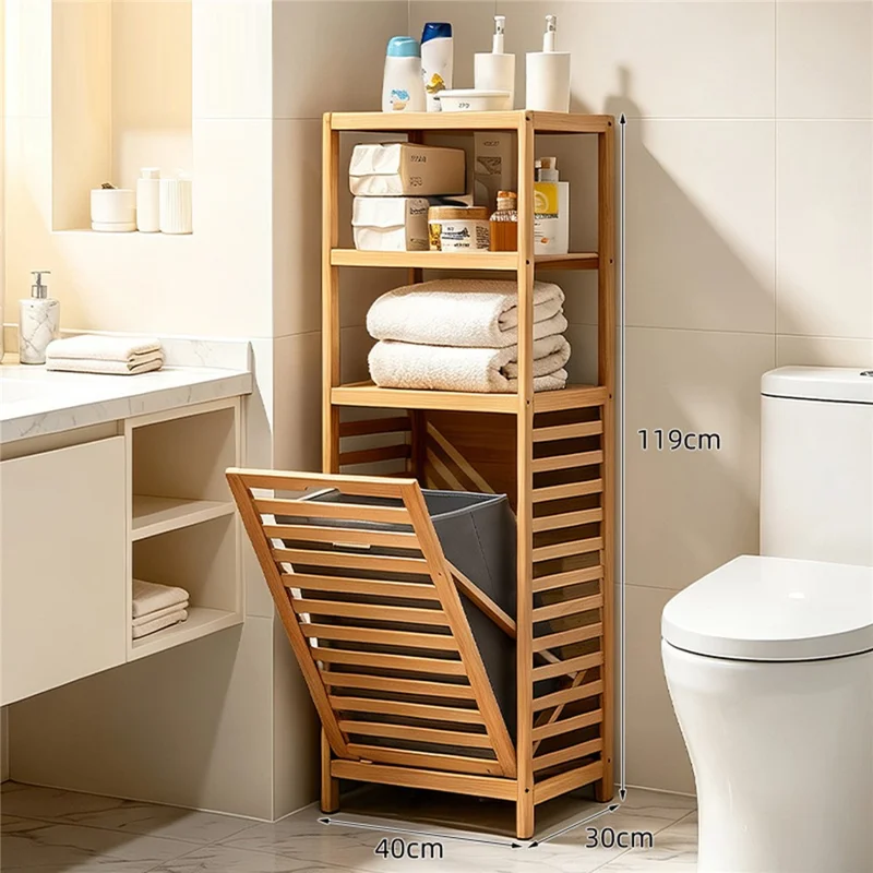 40x30x119cm Scaffalatura Bagno Multifunzionale con Cesto Rimovibile per Biancheria, Scaffale per Ripostiglio in Bambù