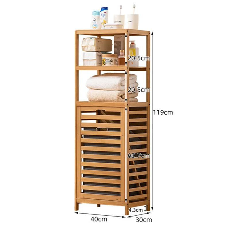 40x30x119cm Scaffalatura Bagno Multifunzionale con Cesto Rimovibile per Biancheria, Scaffale per Ripostiglio in Bambù