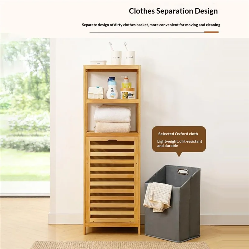 40x30x119cm Scaffalatura Bagno Multifunzionale con Cesto Rimovibile per Biancheria, Scaffale per Ripostiglio in Bambù