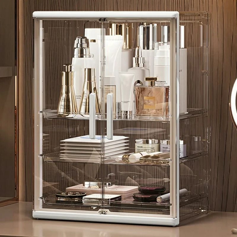 Organizador de Maquilhagem Acrílico Transparente com 3 Níveis, Caixa de Armazenamento com Dupla Porta à Prova de Poeira para Produtos de Beleza - Transparente