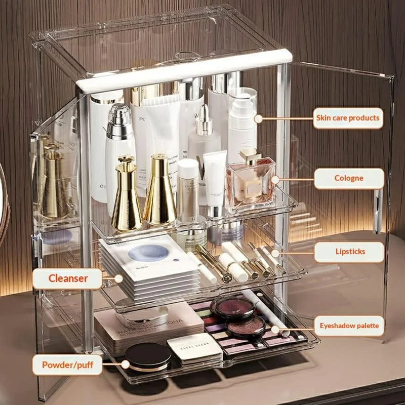 Organizador de Maquilhagem Acrílico Transparente com 3 Níveis, Caixa de Armazenamento com Dupla Porta à Prova de Poeira para Produtos de Beleza - Transparente