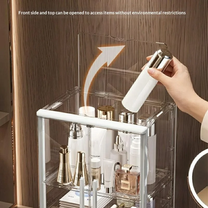 Organizador de Maquilhagem Acrílico Transparente com 3 Níveis, Caixa de Armazenamento com Dupla Porta à Prova de Poeira para Produtos de Beleza - Transparente