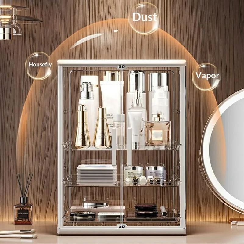 Organizador de Maquilhagem Acrílico Transparente com 3 Níveis, Caixa de Armazenamento com Dupla Porta à Prova de Poeira para Produtos de Beleza - Transparente