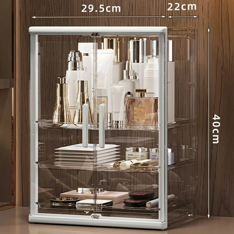 Organizador de Maquilhagem Acrílico Transparente com 3 Níveis, Caixa de Armazenamento com Dupla Porta à Prova de Poeira para Produtos de Beleza - Transparente