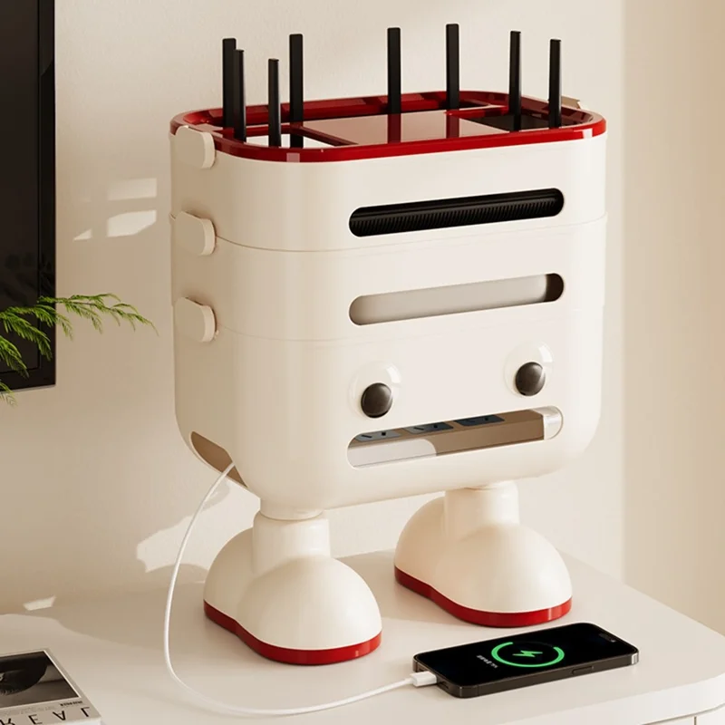 3-Tier Cartoon Robot Design (with Legs) Router Storage Box Desktop WiFi Organizer Cable Management Rack