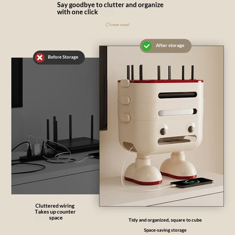 3-Tier Cartoon Robot Design (with Legs) Router Storage Box Desktop WiFi Organizer Cable Management Rack