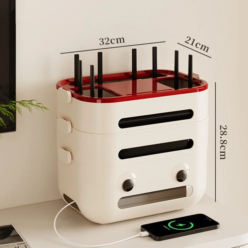 3-Layer Cartoon Robot Design Router Storage Box Desktop WiFi Organizer Cable Management Rack