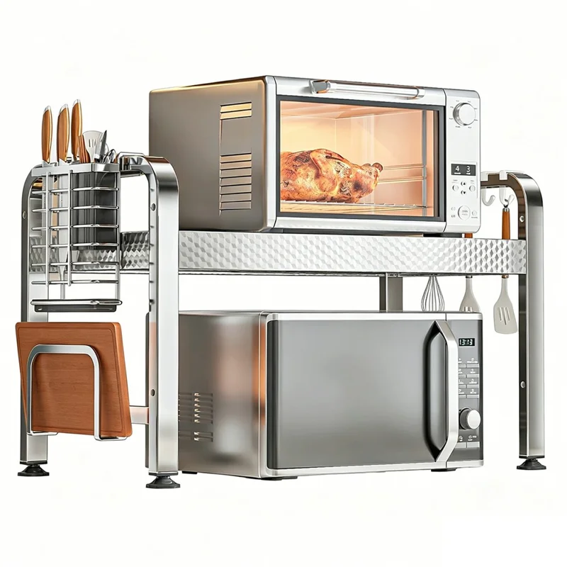2-Layer Stainless Steel Kitchen Microwave Oven Rack with Cutting Board Rack & Cutlery Rack Printed Panel Kitchen Counter Storage Microwave Stand with Hooks