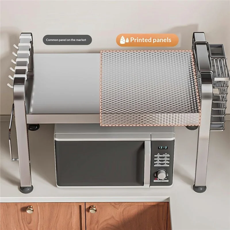 2-Layer Stainless Steel Kitchen Microwave Oven Rack with Cutting Board Rack & Cutlery Rack Printed Panel Kitchen Counter Storage Microwave Stand with Hooks