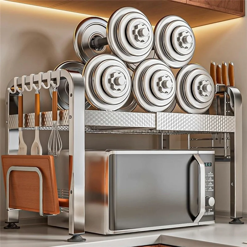 2-Layer Stainless Steel Kitchen Microwave Oven Rack with Cutting Board Rack & Cutlery Rack Printed Panel Kitchen Counter Storage Microwave Stand with Hooks