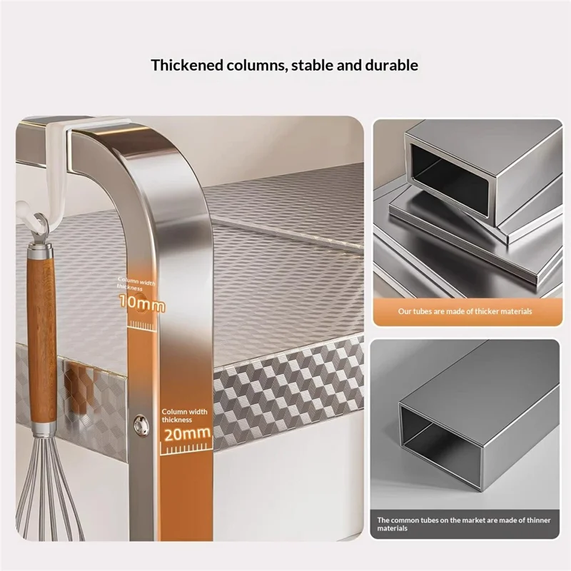 2-Layer Stainless Steel Kitchen Microwave Oven Rack with Cutting Board Rack & Cutlery Rack Printed Panel Kitchen Counter Storage Microwave Stand with Hooks