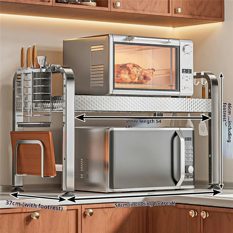 2-Layer Stainless Steel Kitchen Microwave Oven Rack with Cutting Board Rack & Cutlery Rack Printed Panel Kitchen Counter Storage Microwave Stand with Hooks