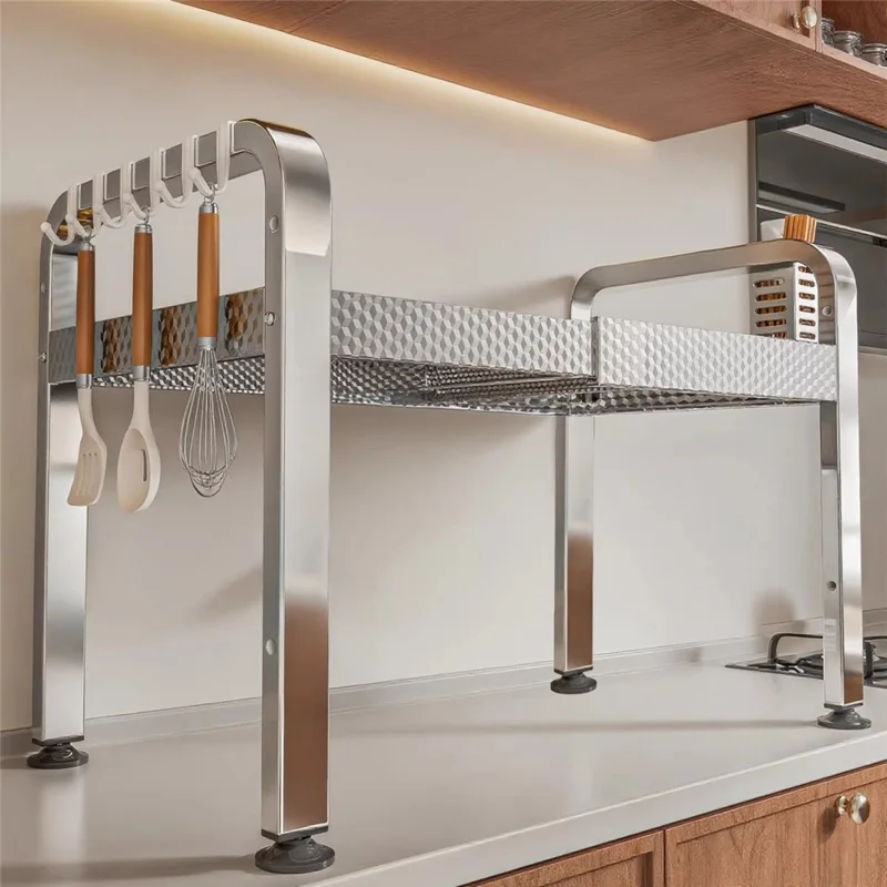2-lags Rustfrit Stål Mikrobølgeovnstativ Udvidelig 40-64 cm Køkkenbord Organizer med Hager