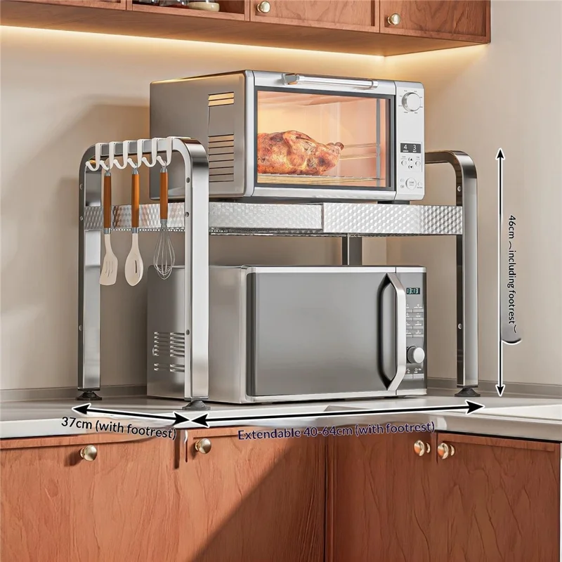 2-lags Rustfrit Stål Mikrobølgeovnstativ Udvidelig 40-64 cm Køkkenbord Organizer med Hager