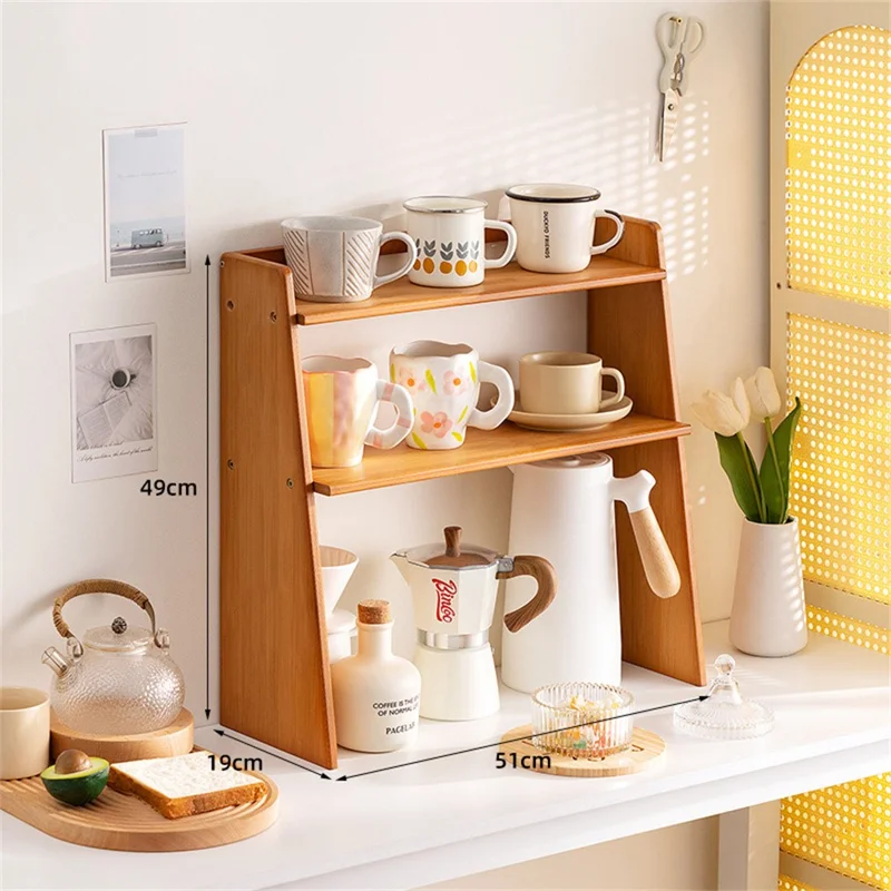 2584 3-lags 53x19x49 cm Bambus Opbevaringsskab til Kopper, Køkken, Kaffe, Kontor, Trapezformet Skrivebordsstativ - Te Farve