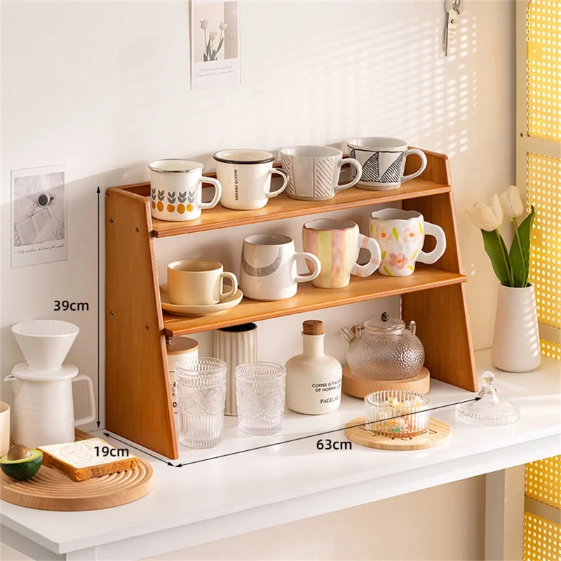 2584 3-lags 63x19x39 cm Bambusopbevaring til kopper, rack til køkken, kaffe, kontor, trapezformet skrivebordsreol - te-farve