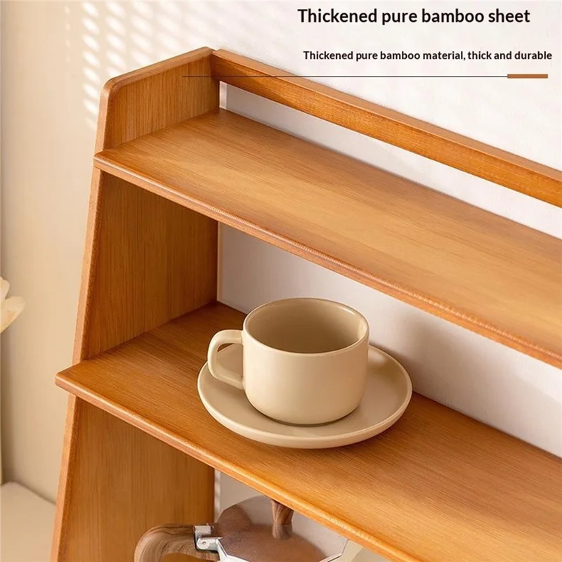 2584 3-lags 63x19x39 cm Bambusopbevaring til kopper, rack til køkken, kaffe, kontor, trapezformet skrivebordsreol - te-farve