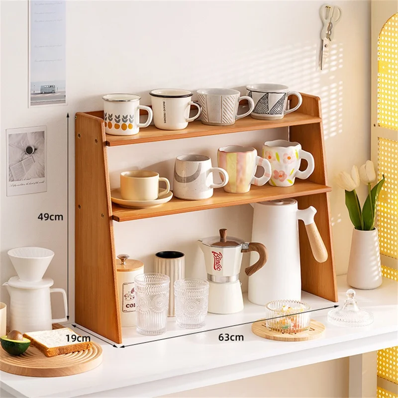 2584 3-lags 63x19x39 cm Bambusopbevaring til kopper, køkkenstativ, trapezformet hylde til kontor og kaffe - Te farve