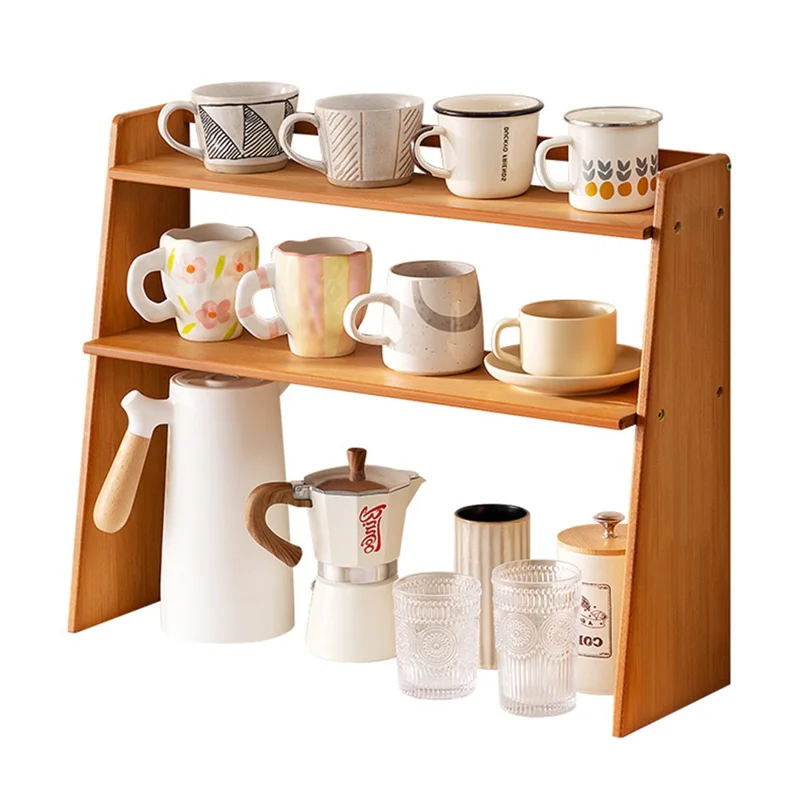 2584 3-lags 63x19x39 cm Bambusopbevaring til kopper, køkkenstativ, trapezformet hylde til kontor og kaffe - Te farve