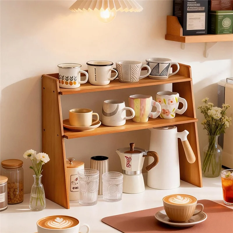 2584 3-lags 63x19x39 cm Bambusopbevaring til kopper, køkkenstativ, trapezformet hylde til kontor og kaffe - Te farve