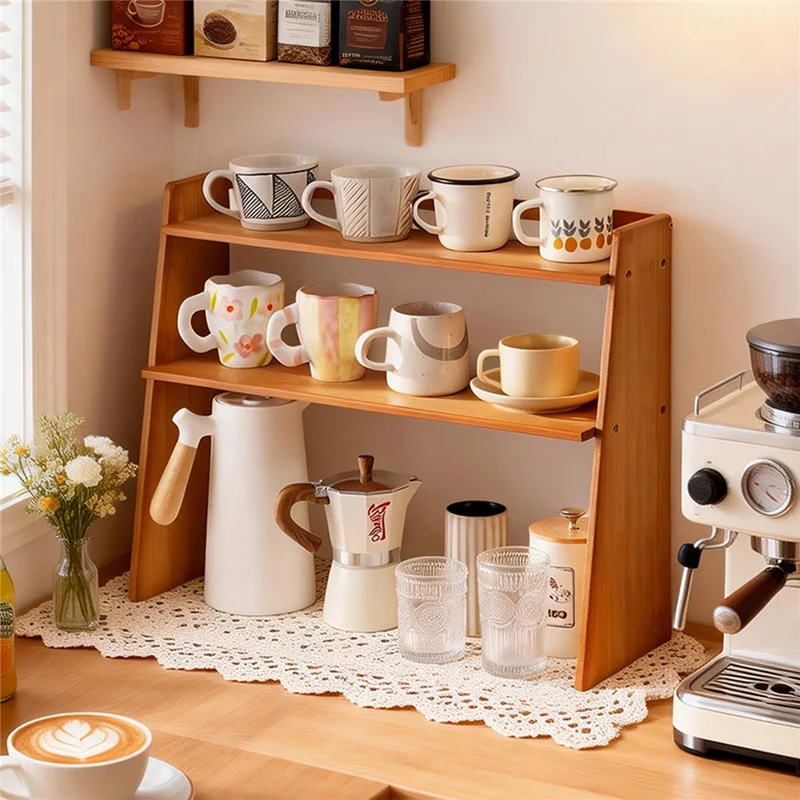 2584 3-lags 63x19x39 cm Bambusopbevaring til kopper, køkkenstativ, trapezformet hylde til kontor og kaffe - Te farve