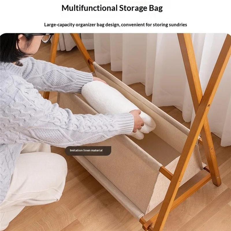 2592 80x46x91cm Foldbar Træ A-form Klæderack Dobbeltstang Beklædningsorganizer med Opbevaringstaske til Værelse