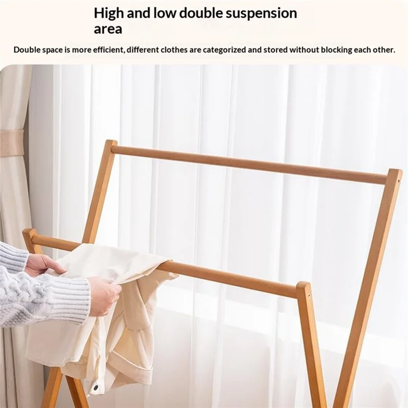 2592 80x46x91cm Foldbar Træ A-form Klæderack Dobbeltstang Beklædningsorganizer med Opbevaringstaske til Værelse