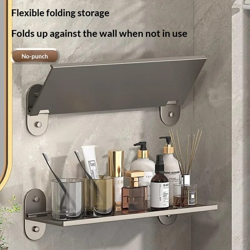 Scaffale a Muro Pieghevole in Alluminio per Bagno 30x12x7 cm, Senza Foratura, Scaffalatura Pieghevole a 90 Gradi per Toilette e Cucina