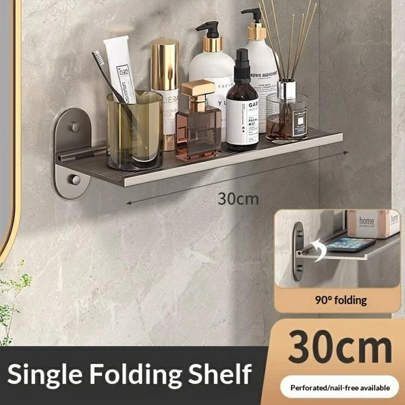 Scaffale a Muro Pieghevole in Alluminio per Bagno 30x12x7 cm, Senza Foratura, Scaffalatura Pieghevole a 90 Gradi per Toilette e Cucina