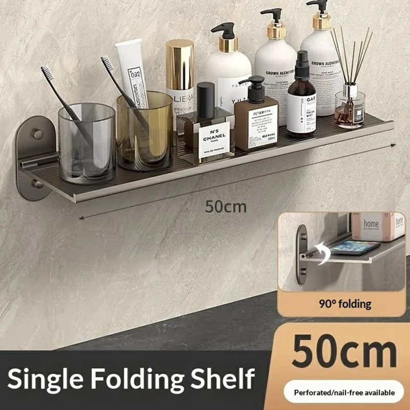 Scaffale a Muro Pieghevole in Alluminio per Bagno 50x12x7 cm, Senza Fori, Scaffalatura Pieghevole a 90 Gradi per Toilette Cucina