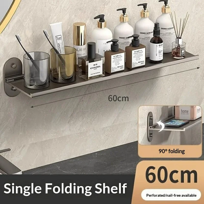 Scaffale da Parete Pieghevole in Alluminio per Bagno 60x12x7 cm, Scaffalatura Pieghevole a 90 Gradi senza Foratura per Toilette Cucina