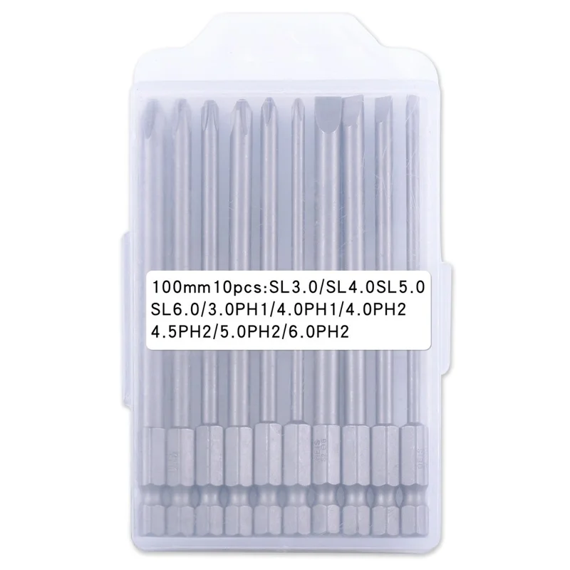 10 st Hex Skruvmejselbits Slits och Phillips Borshuvuden 100 mm Längd S2 Stål med Magnet för Elskruvmejsel Borrmaskin