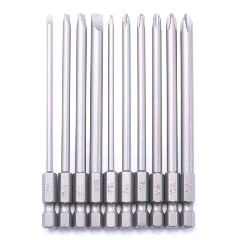 10 st Hex Skruvmejselbits Slits och Phillips Borshuvuden 100 mm Längd S2 Stål med Magnet för Elskruvmejsel Borrmaskin