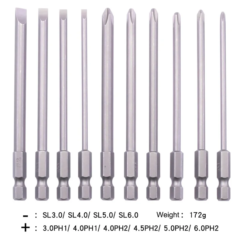 10 st Hex Skruvmejselbits Slits och Phillips Borshuvuden 100 mm Längd S2 Stål med Magnet för Elskruvmejsel Borrmaskin