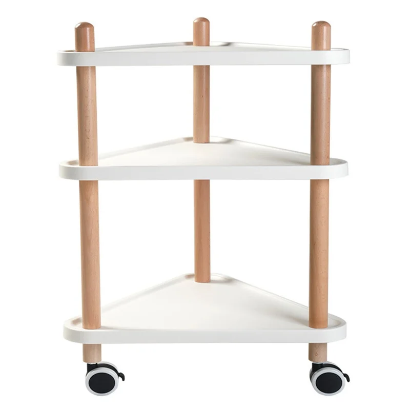 Carrello Portaoggetti con 3 Ripiani a Forma Triangolare, Mobiletto con Ruote Bloccabili, Struttura in Legno Massiccio e Vassoi in ABS, per Cucina e Camera da Letto