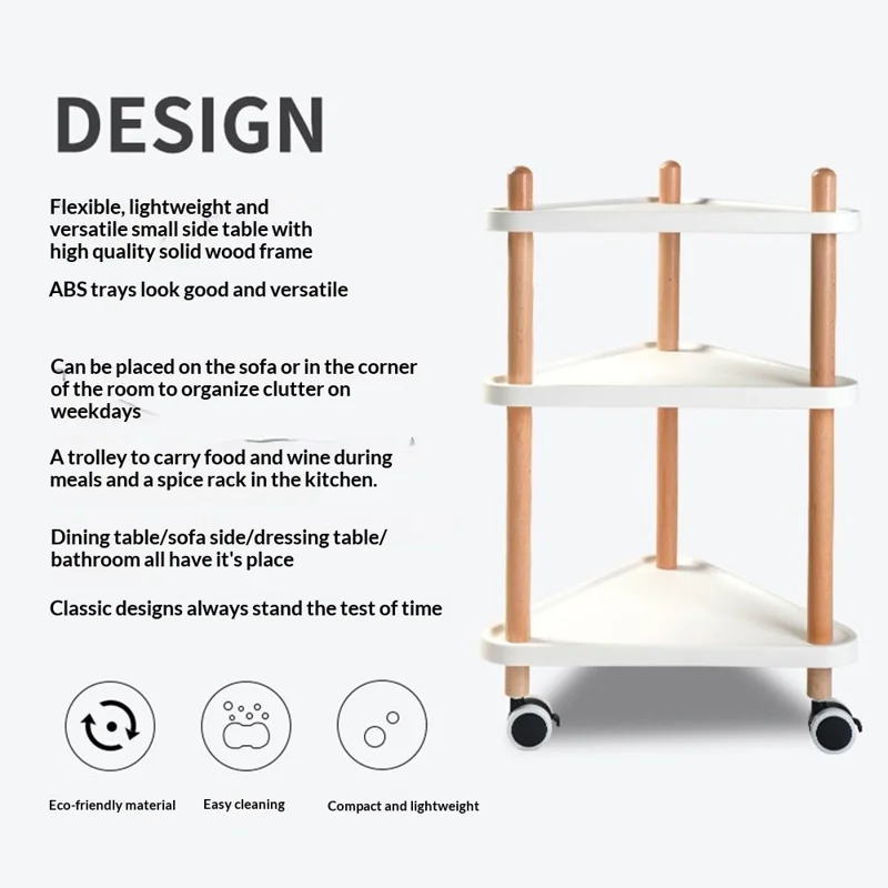 Carrello Portaoggetti con 3 Ripiani a Forma Triangolare, Mobiletto con Ruote Bloccabili, Struttura in Legno Massiccio e Vassoi in ABS, per Cucina e Camera da Letto