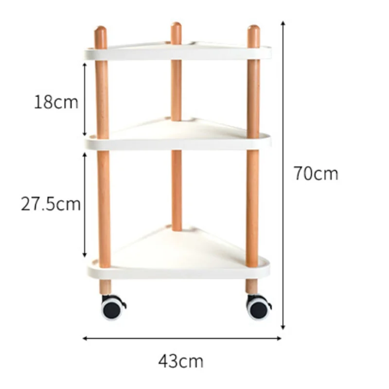 Carrello Portaoggetti con 3 Ripiani a Forma Triangolare, Mobiletto con Ruote Bloccabili, Struttura in Legno Massiccio e Vassoi in ABS, per Cucina e Camera da Letto