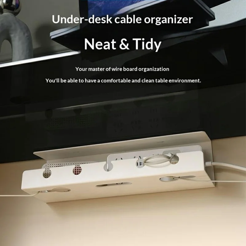 Under Desk Cable Organizer 5 Wire Management Slots No Drill Self Adhesive Power Strip Holder for Office Home - Black