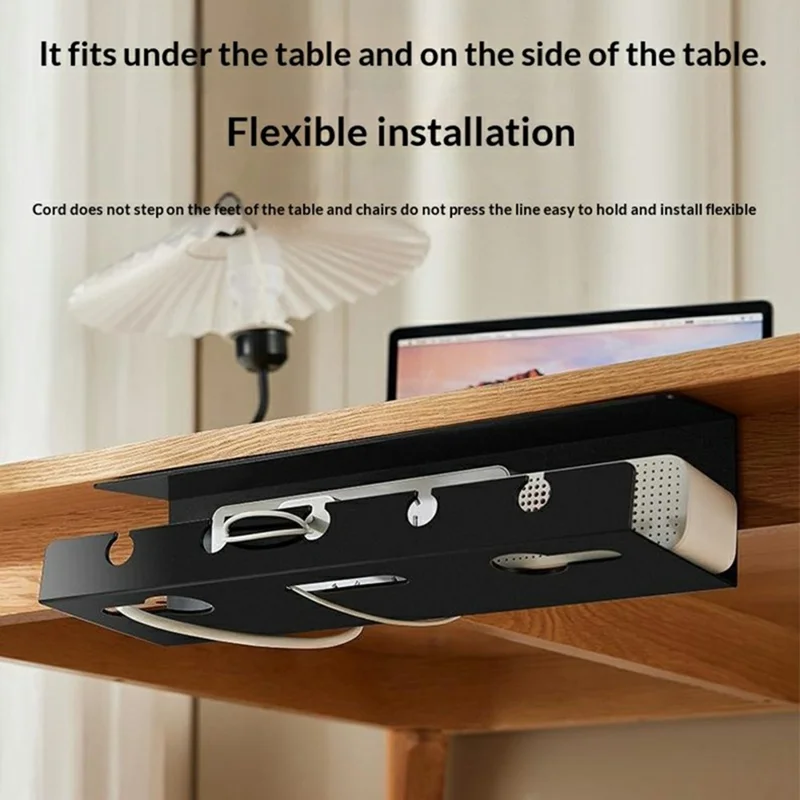 Under Desk Cable Organizer 5 Wire Management Slots No Drill Self Adhesive Power Strip Holder for Office Home - Black