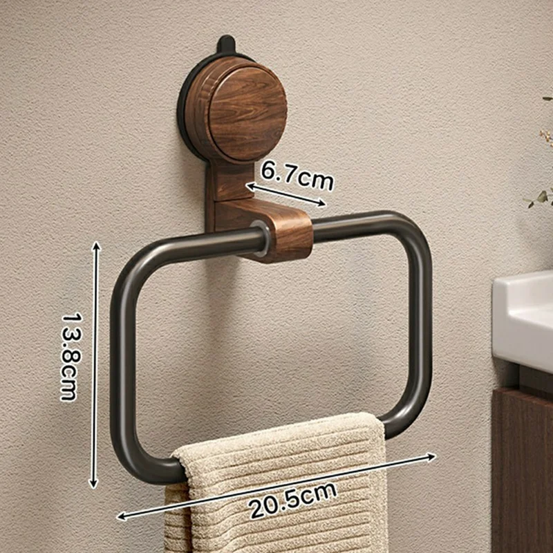 Retro Foldable Walnut Towel Ring Rack 180 Degree Flip No-Drill Suction Cup Aluminum Ring Tower Holder for Bathroom - Black Walnut  /  Black Ring