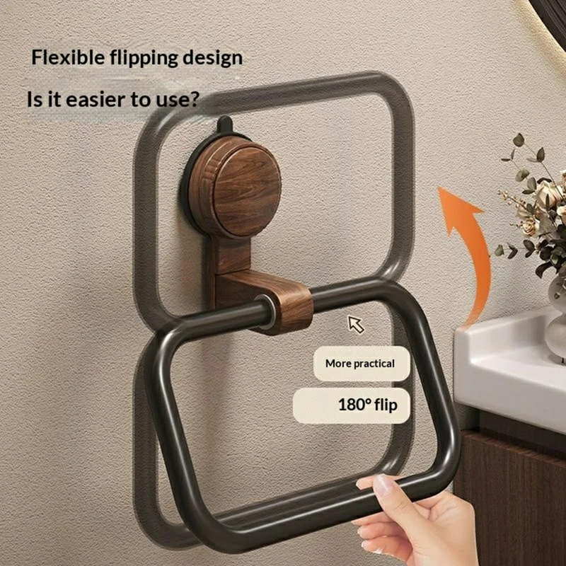 Retro Foldable Walnut Towel Ring Rack 180 Degree Flip No-Drill Suction Cup Aluminum Ring Tower Holder for Bathroom - Black Walnut  /  Black Ring
