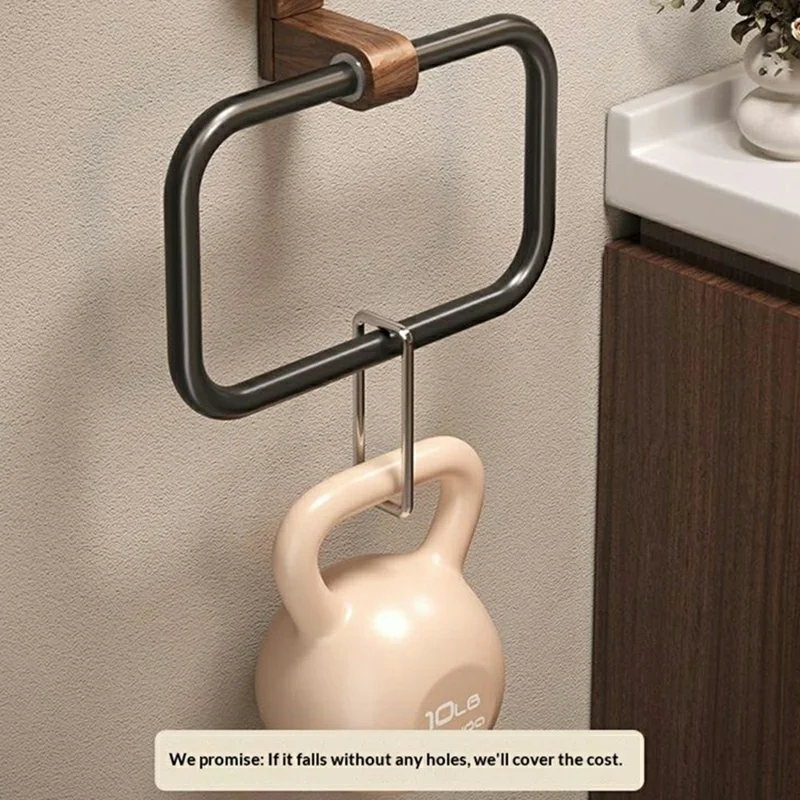 Retro Foldable Walnut Towel Ring Rack 180 Degree Flip No-Drill Suction Cup Aluminum Ring Tower Holder for Bathroom - Black Walnut  /  Black Ring