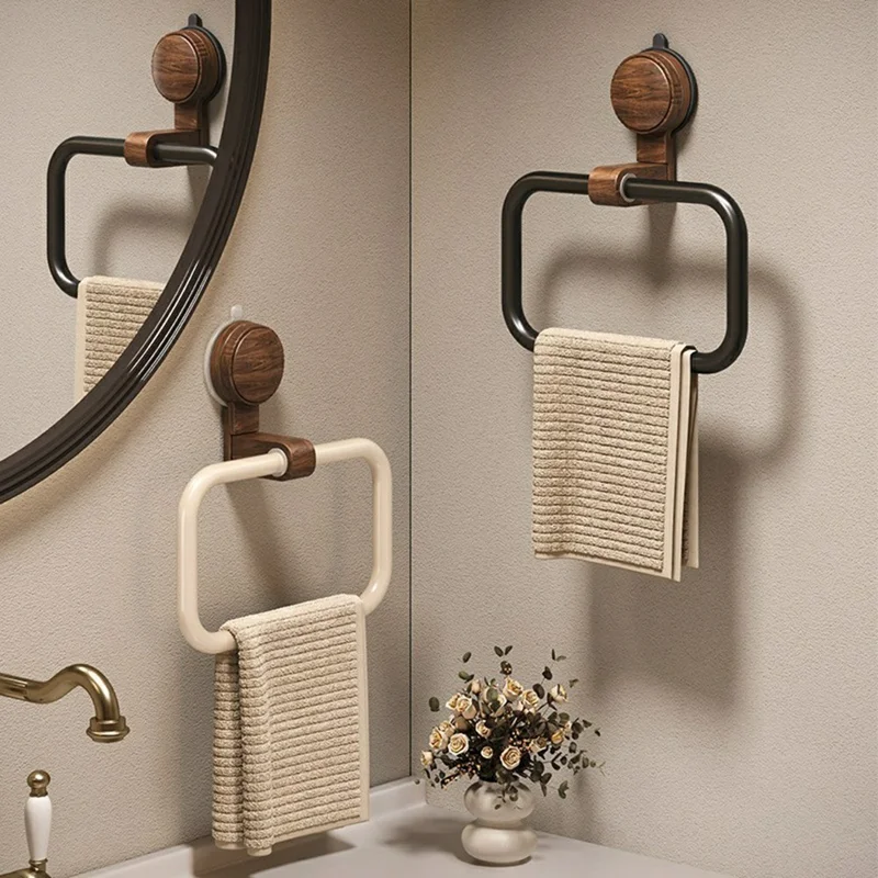 Retro Foldable Walnut Towel Ring Rack 180 Degree Flip No-Drill Suction Cup Aluminum Ring Tower Holder for Bathroom - Black Walnut  /  Black Ring