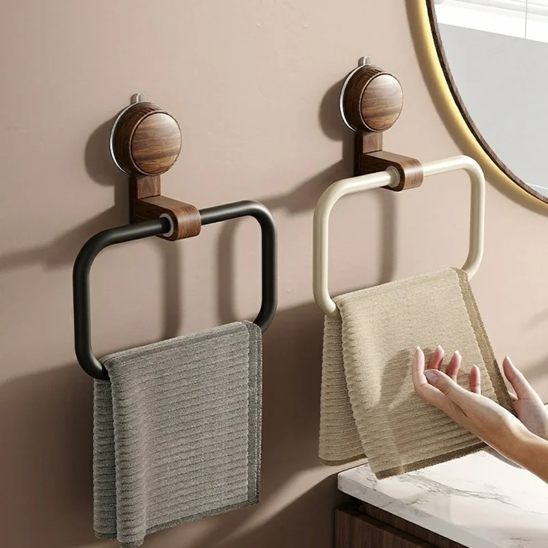 Retro Foldable Walnut Towel Ring Rack 180 Degree Flip No-Drill Suction Cup Aluminum Ring Tower Holder for Bathroom - Black Walnut  /  Black Ring