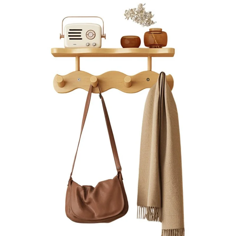 4 Hooks Wavy Wood Wall Mounted Coat Hanging Rack with Storage Shelf No Drill Bamboo Entryway Organizer - Natural Color