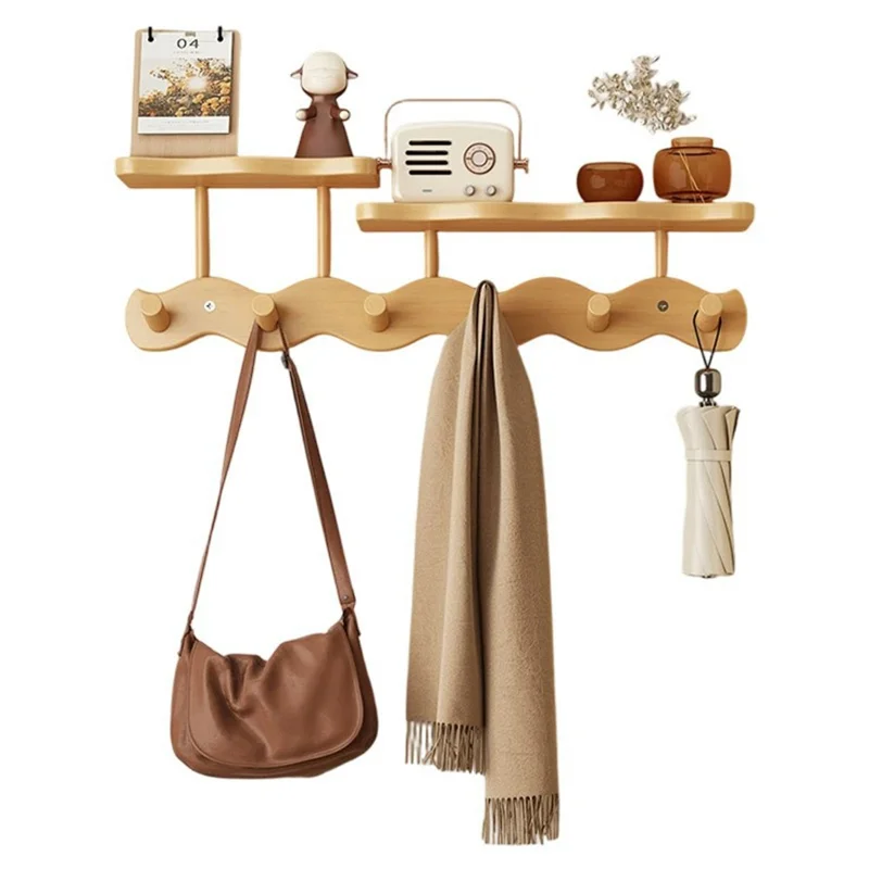 6 Hooks Wavy Wood Wall Mounted Coat Hanging Rack with Storage Shelf No Drill Bamboo Entryway Organizer - Natural Color